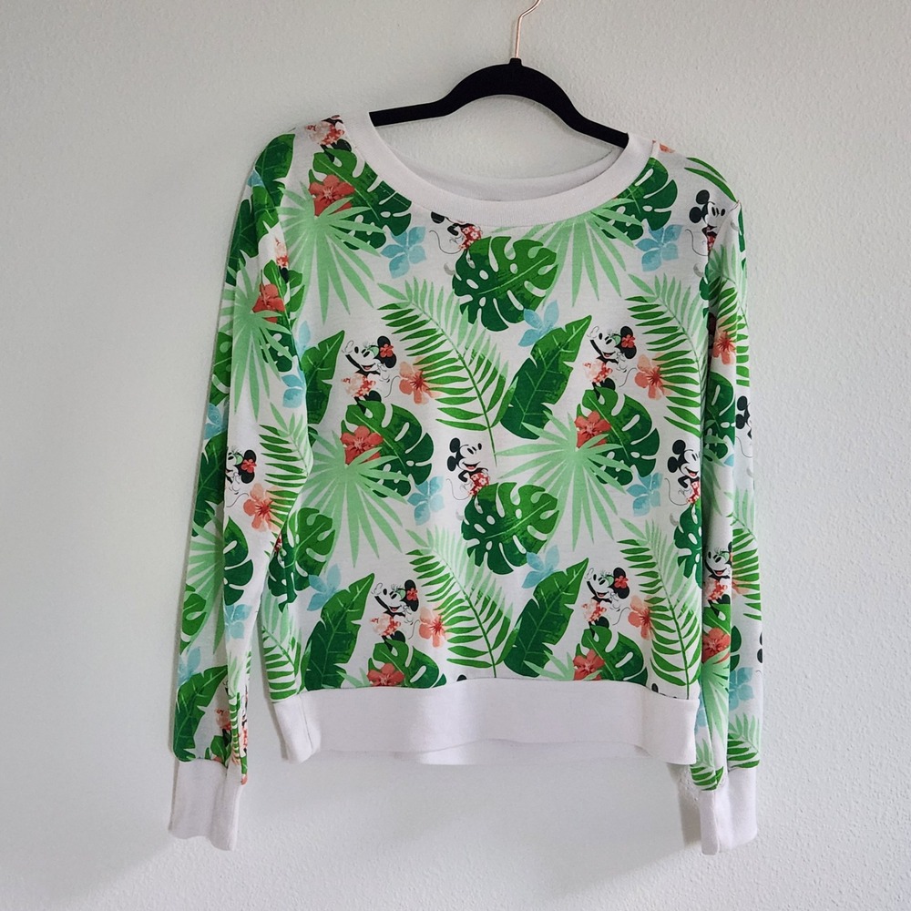Disney Women's Mickey Minnie Tropical Leaf Sweatshirt White Green‎ Size Small